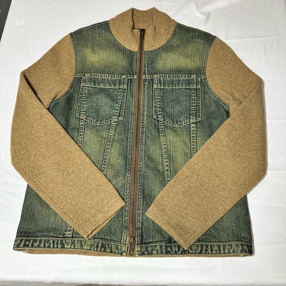 Women's Express 100% Lambs Wool & Denim Full Zip Mock Sweater Jacket Size Small - Picture 6 of 8